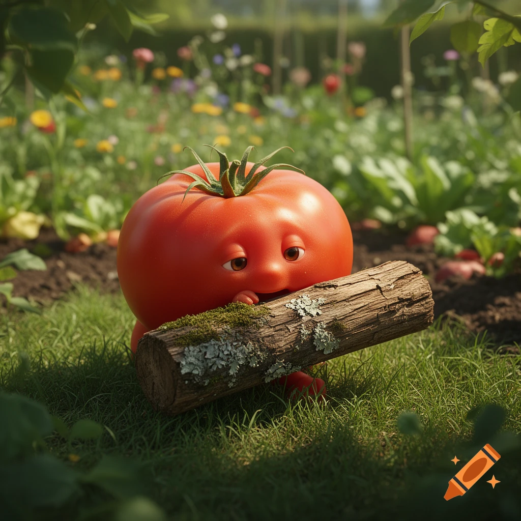 A cute cartoon red tomato with a face carries a mossy log through a bright garden.