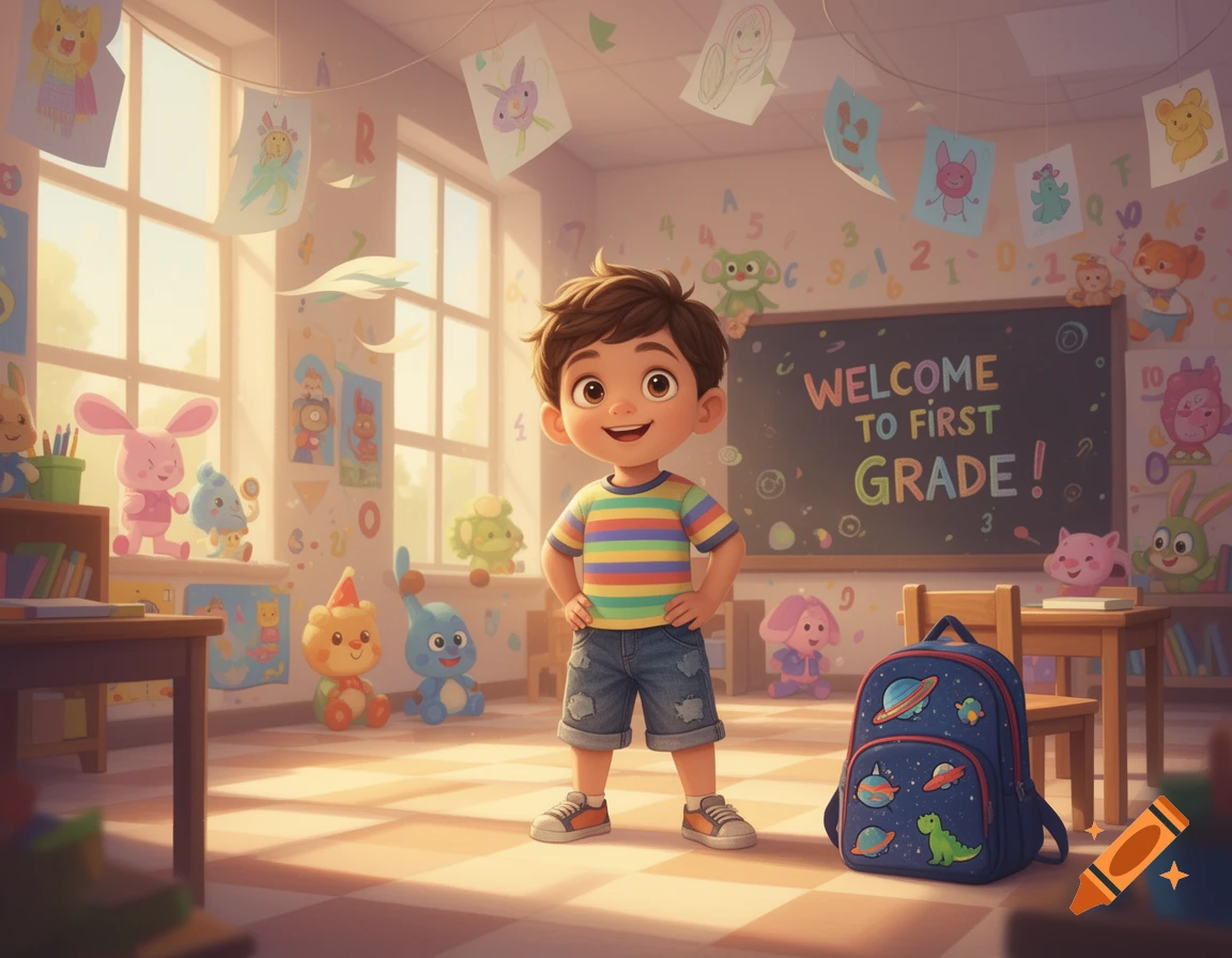 A happy cartoon boy stands in a colorful classroom with a blackboard reading 'WELCOME TO FIRST GRADE!' and a backpack on the floor.