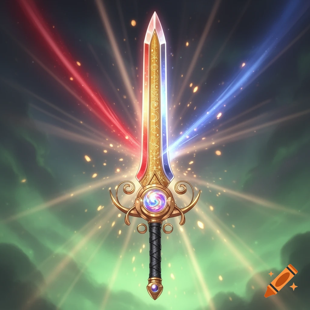 A glowing, ornate double-sided sword with a red and blue blade, golden hilt, and a swirling gem at its center, surrounded by radiating light.