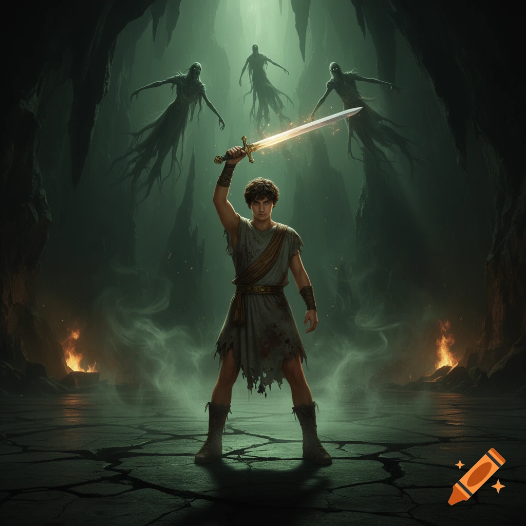 A young hero holds a glowing sword aloft in a dark, misty cave, facing three ghostly figures with fires burning. Fantasy art.