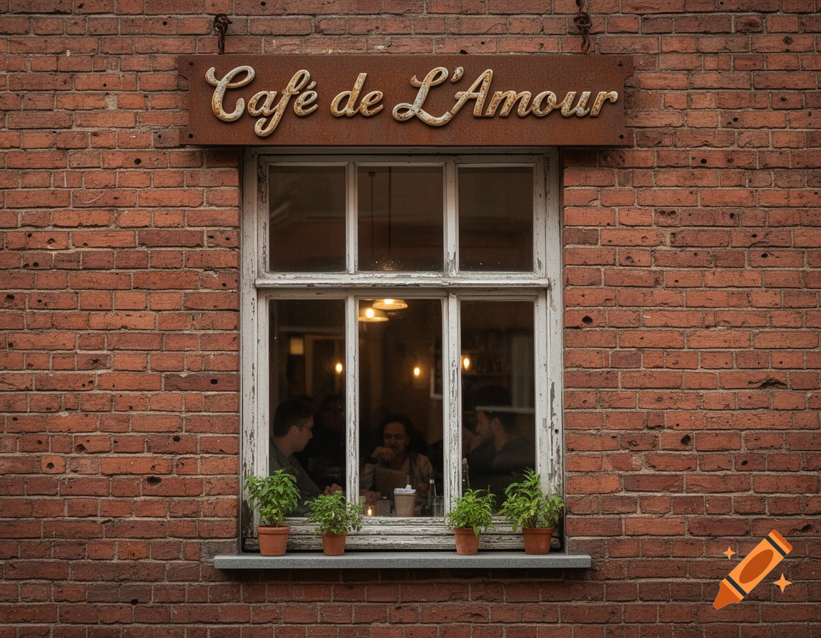 Photorealistic image of a brick wall with a white-framed window and a 'Caf de L'Amour' sign above it. Potted plants sit on the sill.