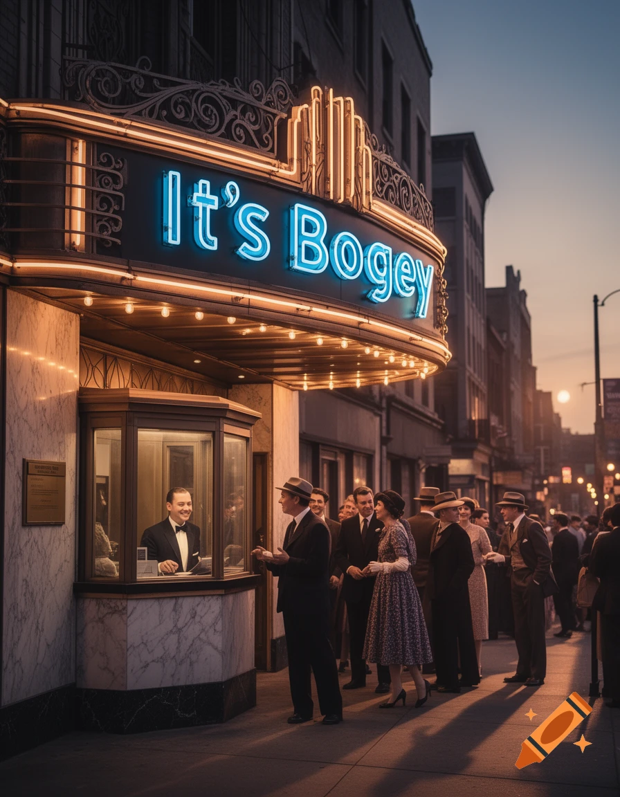 An art deco movie theater at dusk with a neon 'It's Bogey' sign, people in vintage clothes queueing for tickets.