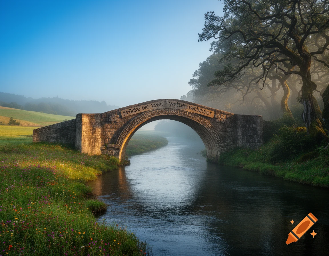 An ornate stone bridge with carved text 'Brücke die zwei Welten verbindet' spans a misty river in a lush green landscape with ancient trees.