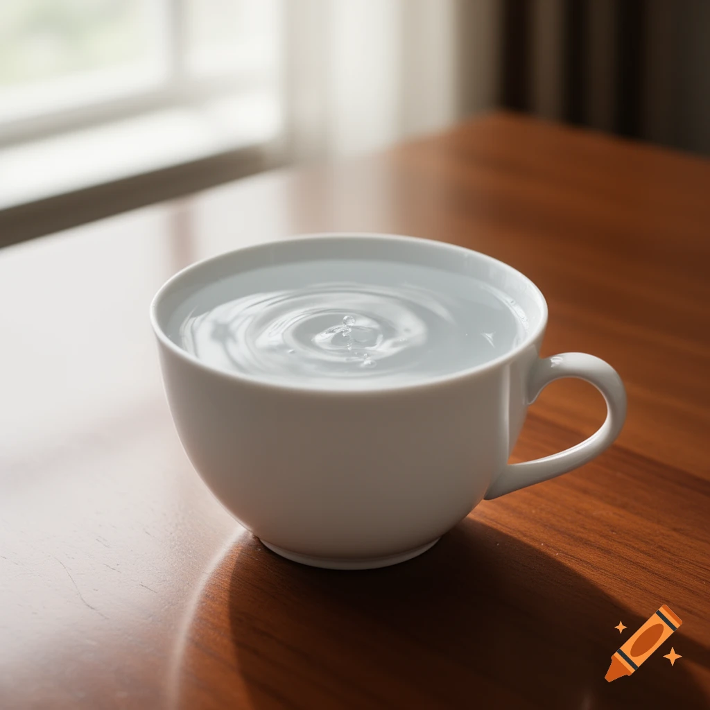A white cup filled with water, with small ripples on its surface, sits on a polished wooden table near a window.
