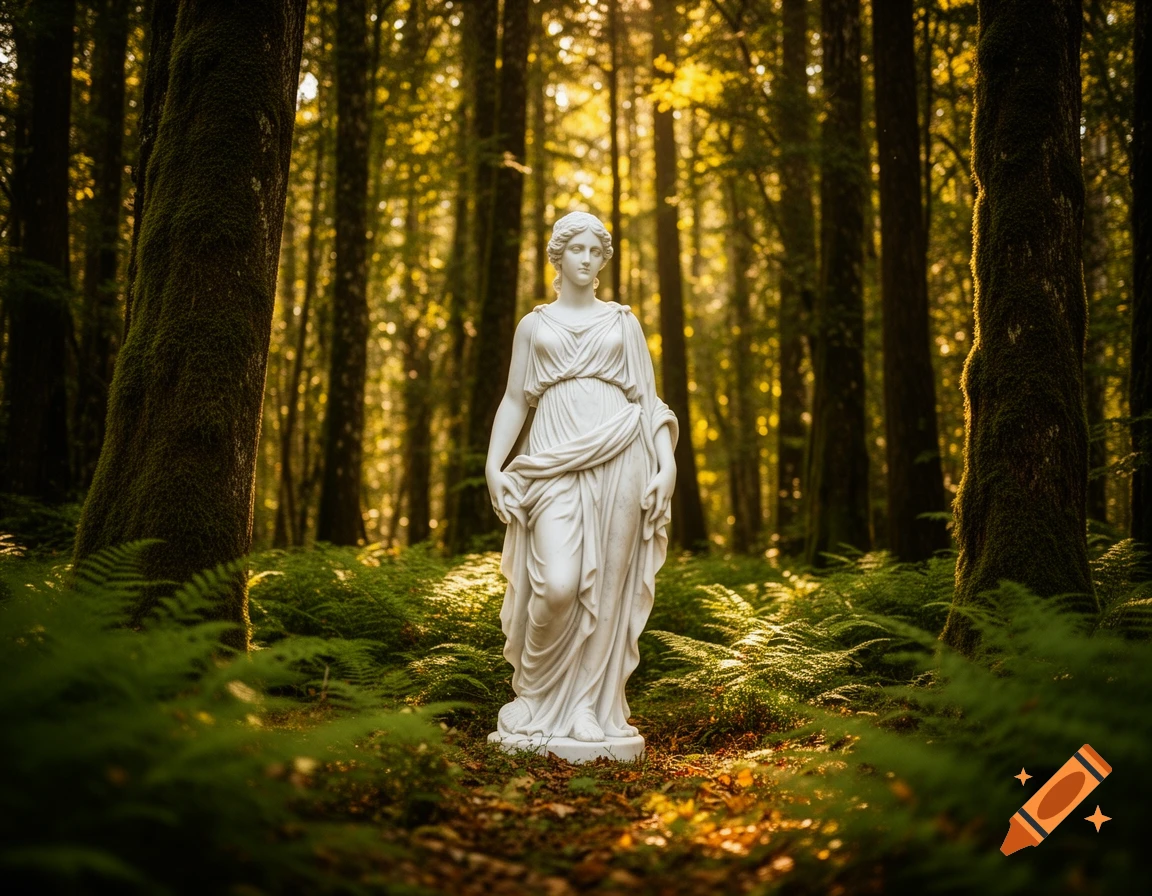 A white marble statue of a draped woman stands in a lush, sun-dappled forest with ferns on the ground.