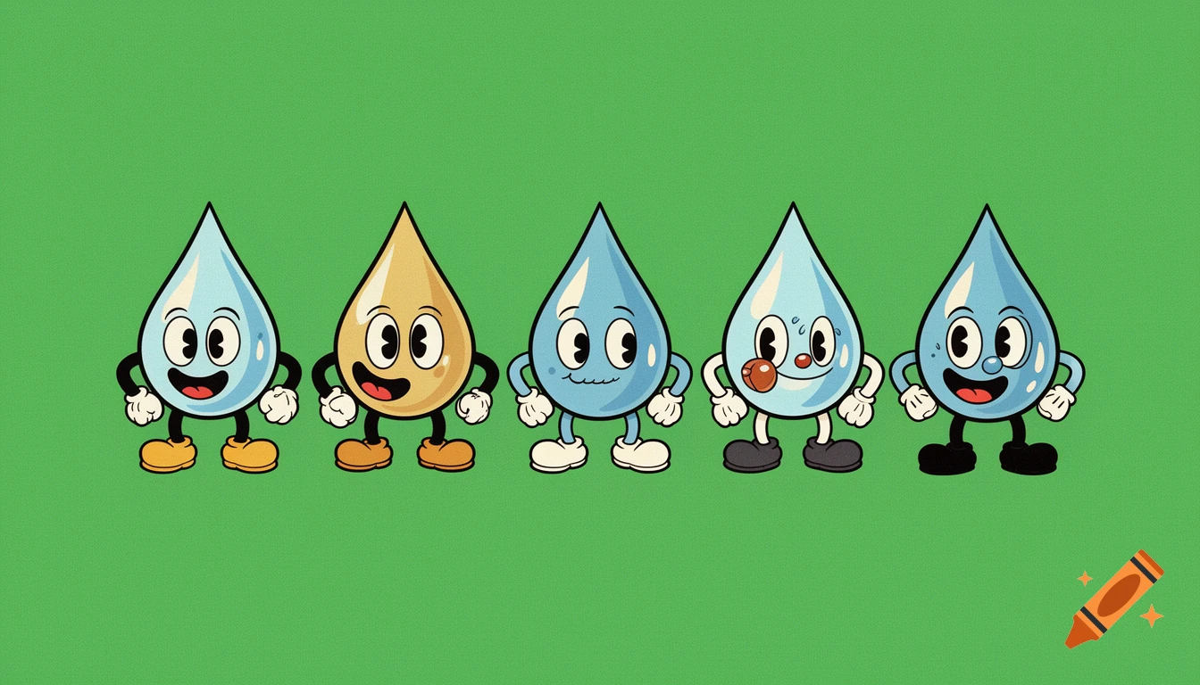Five expressive cartoon water droplets in 1930s rubber hose style, one gold and four blue, against a vibrant green background.