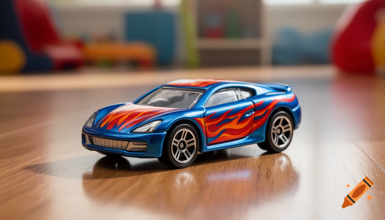 A blue toy car with red and orange flame decals sits on a wooden floor, shot in close-up with a blurred background.