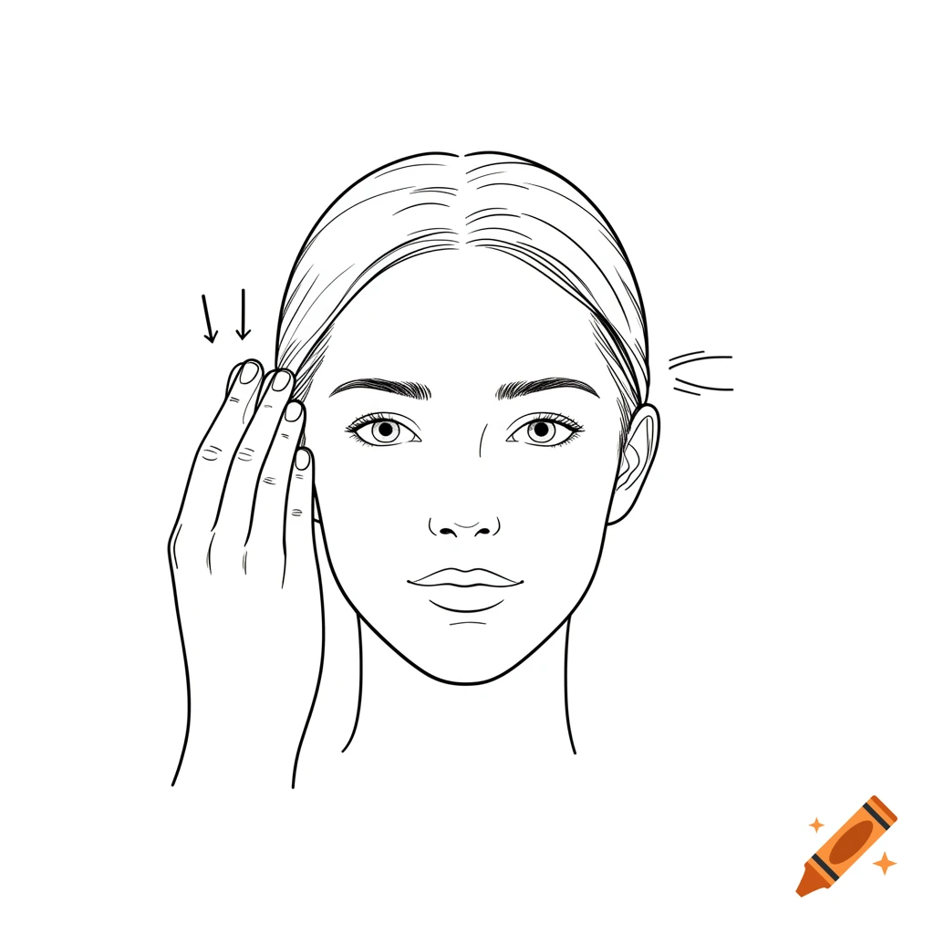 Minimalist line art illustration of a person's face, a hand gently tapping their hair with arrows indicating motion.