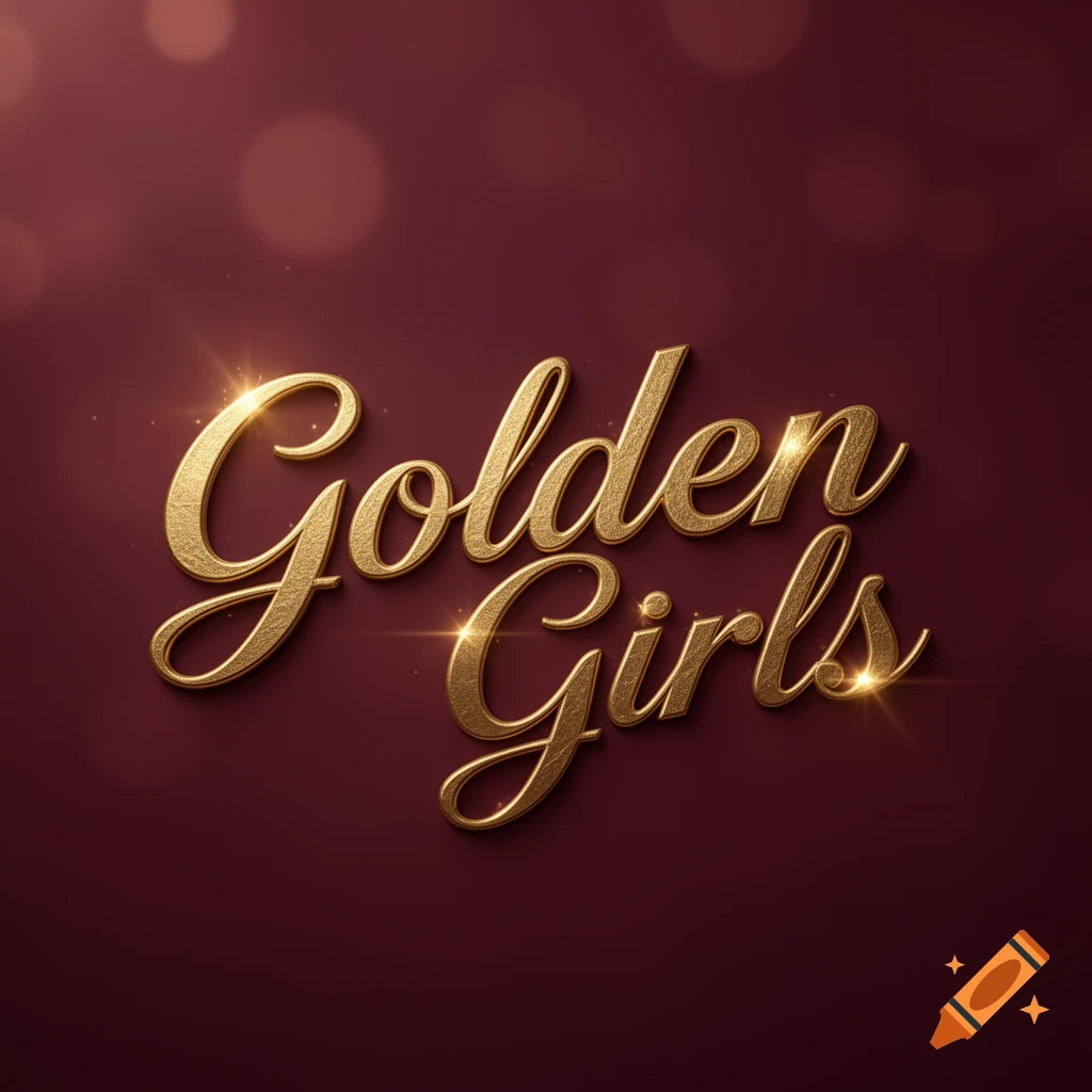 The words "Golden Girls" in sparkling gold cursive script with a textured metallic effect, set against a deep maroon background with subtle bokeh lights.