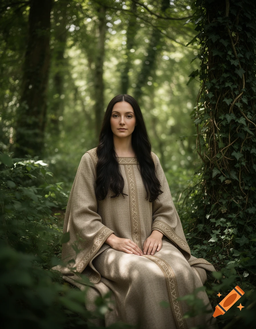 Woman with long dark hair in a beige historical dress sitting in a lush green forest.