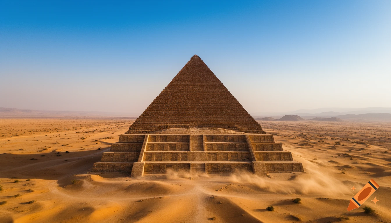 A large, ancient brown pyramid stands prominently in the center of a vast, golden desert under a clear blue sky.