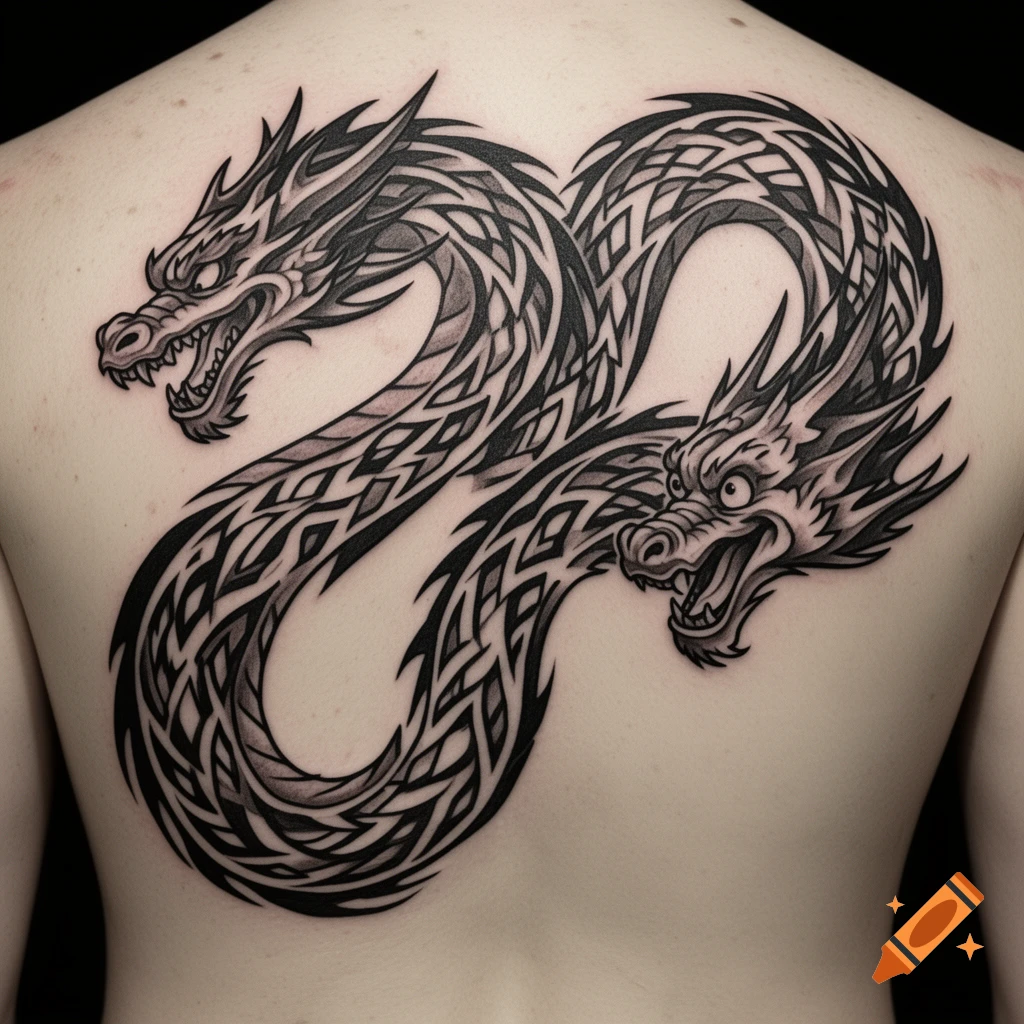 Black tribal two-headed dragon tattoo on a person's upper back, one head fierce, the other goofy.