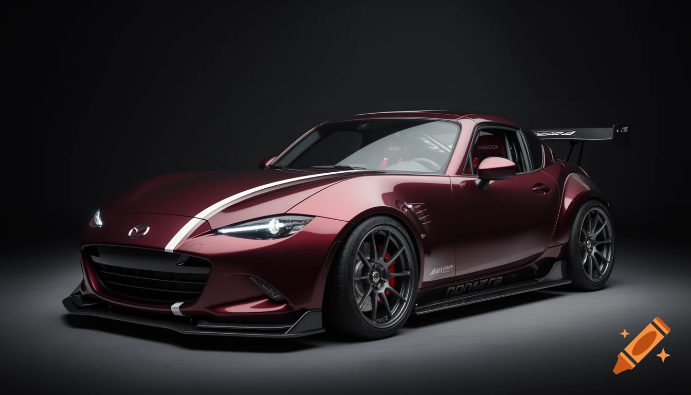 Photorealistic studio render of a heavily modified deep bordeaux red Mazda MX-5 sports car with white racing stripes, a large rear wing, and dark wheels, against a black background.