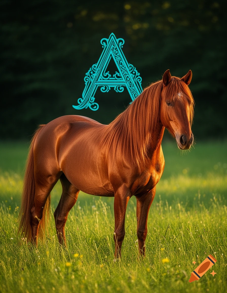 A photorealistic brown horse stands in a grassy field with a large, ornate turquoise letter 'A' floating above its back.