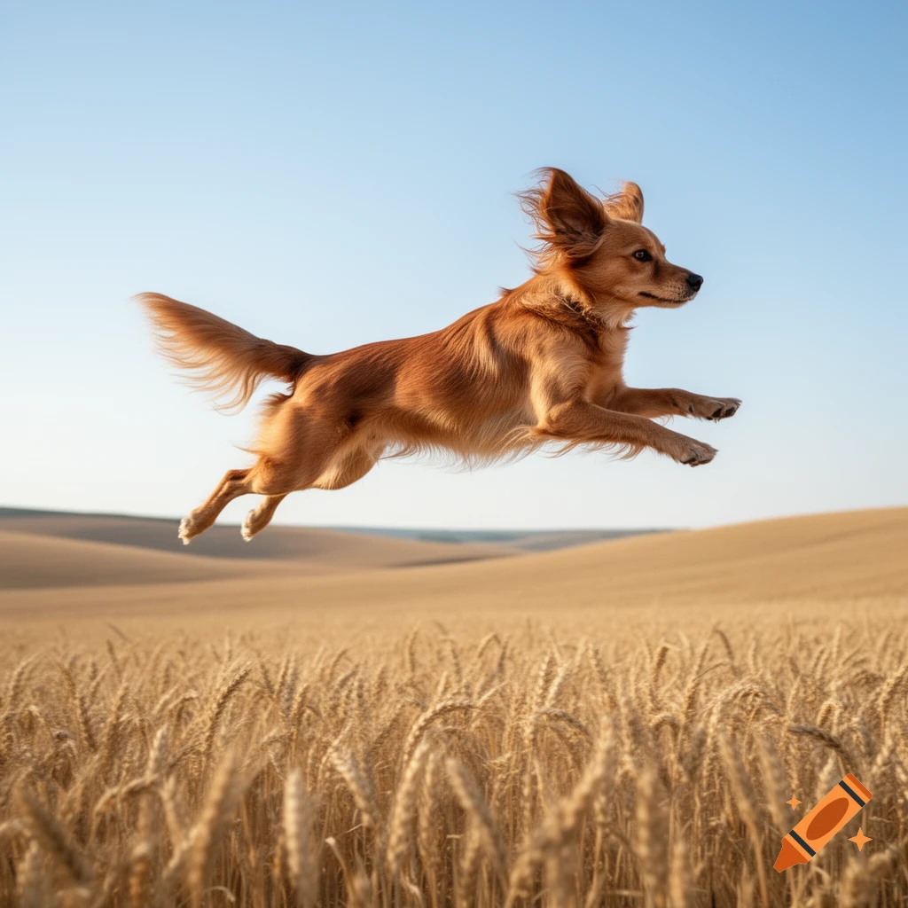 A photorealistic reddish-brown dog leaps mid-air over a golden wheat field under a clear blue sky.