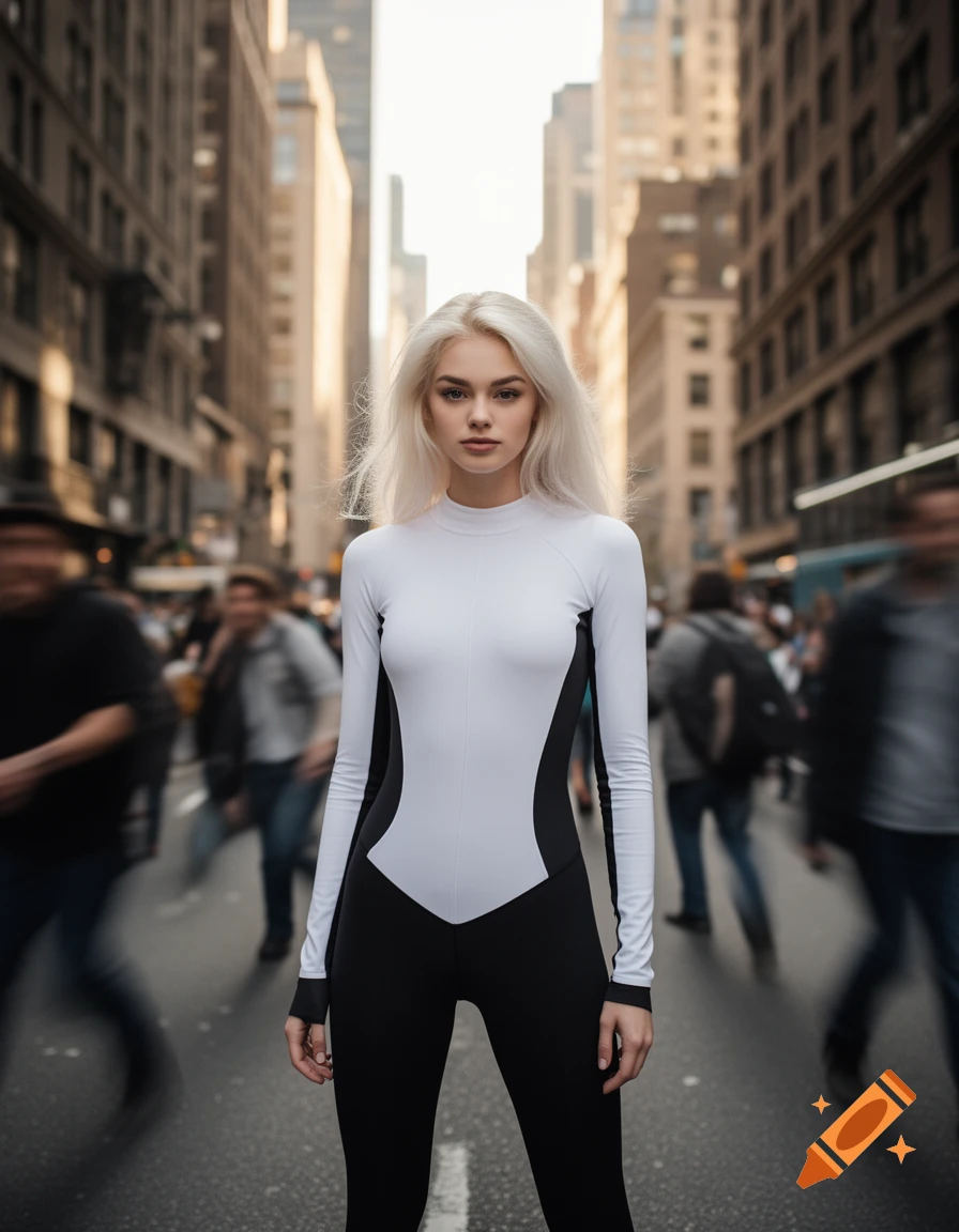 A young woman with long white hair in a white and black superhero-style suit stands in a busy city street.