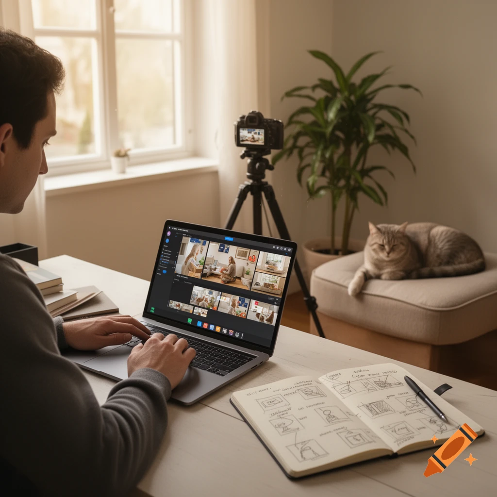 A man works on a laptop at a desk in a sunny room, with a camera on a tripod and a cat resting on an ottoman nearby.