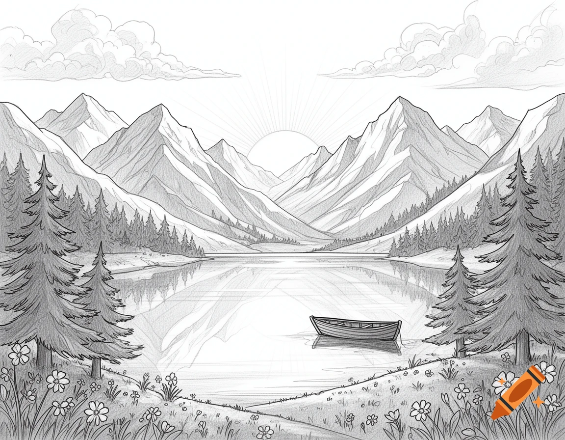 Detailed pencil sketch of a serene mountain landscape with a still lake, pine trees, and a small boat.