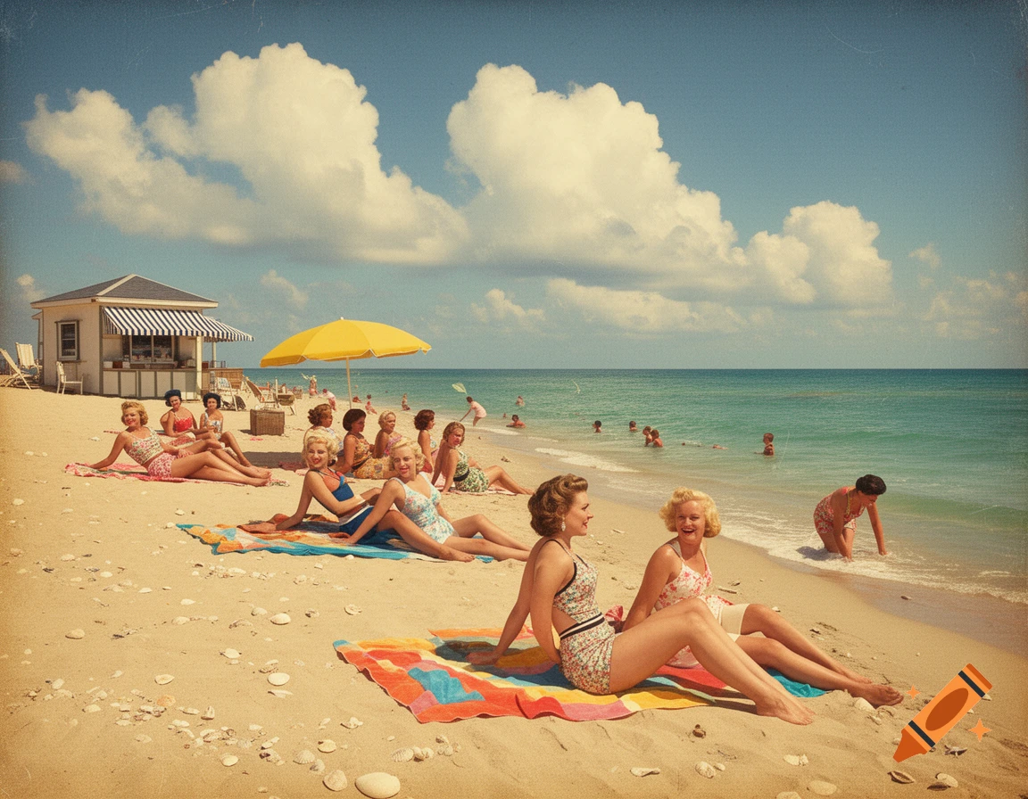 Group of women in vintage swimwear relaxing and wading in the ocean at a sunny beach with a small building and yellow umbrella.