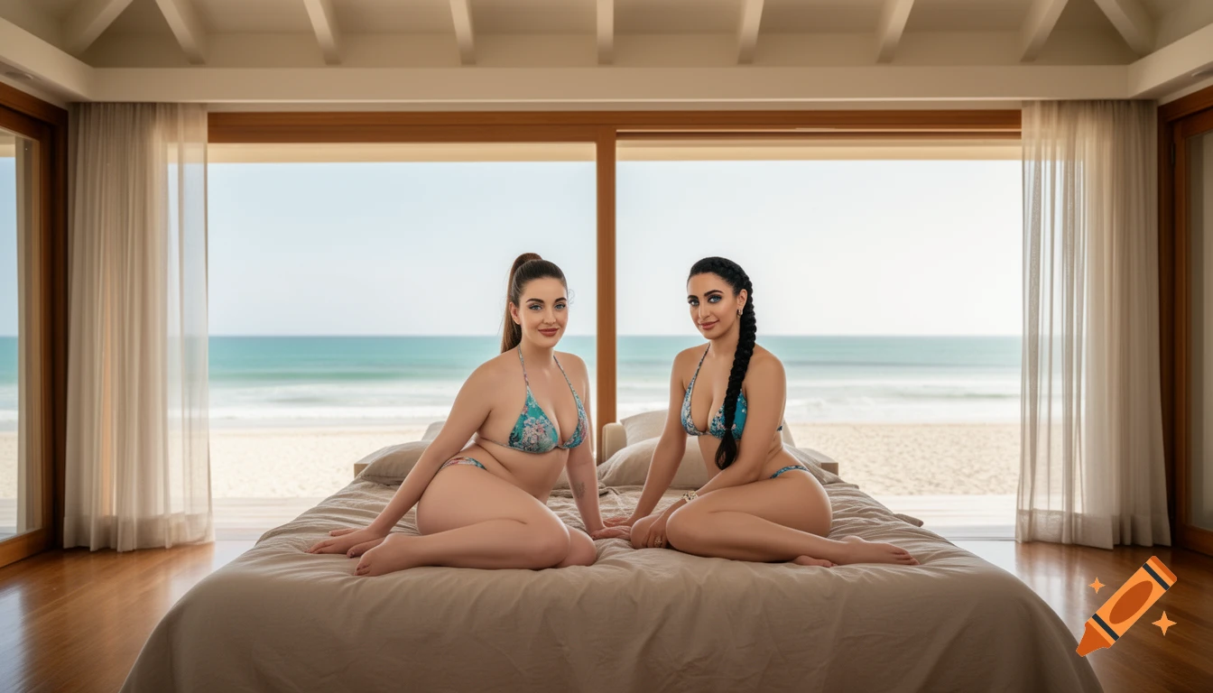 Two women in bikinis sit on a bed in a luxury beach villa, overlooking the ocean, in a photorealistic style.