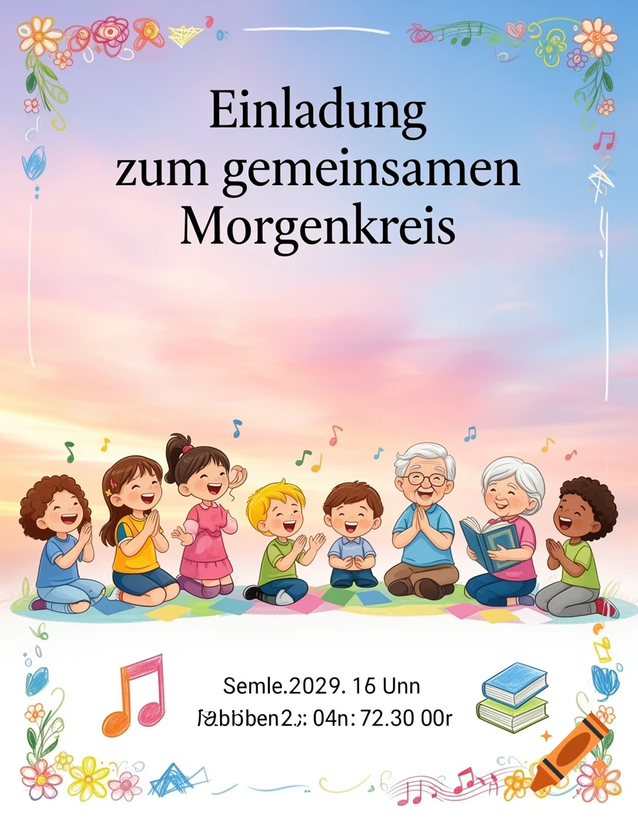 Cartoon of children and elderly people sitting and clapping, with German invitation text 'Einladung zum gemeinsamen Morgenkreis' framed by flowers.