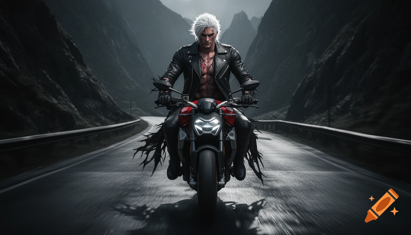 Photorealistic image of a white-haired man with battle scars on a red and black motorcycle, riding fast on a dark, winding mountain road.