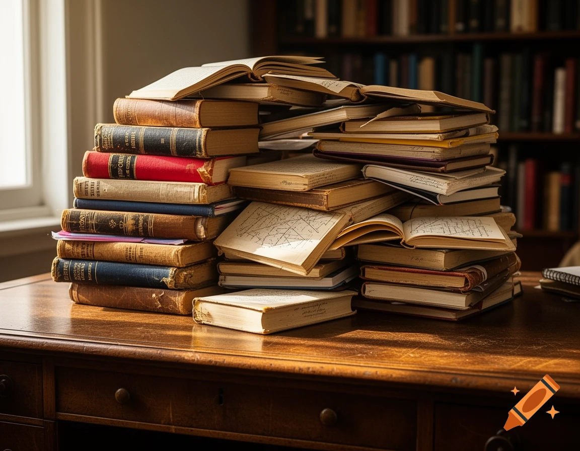 A large, messy stack of old books with worn covers and open pages sits on a wooden desk, with a blurred bookshelf in the background.