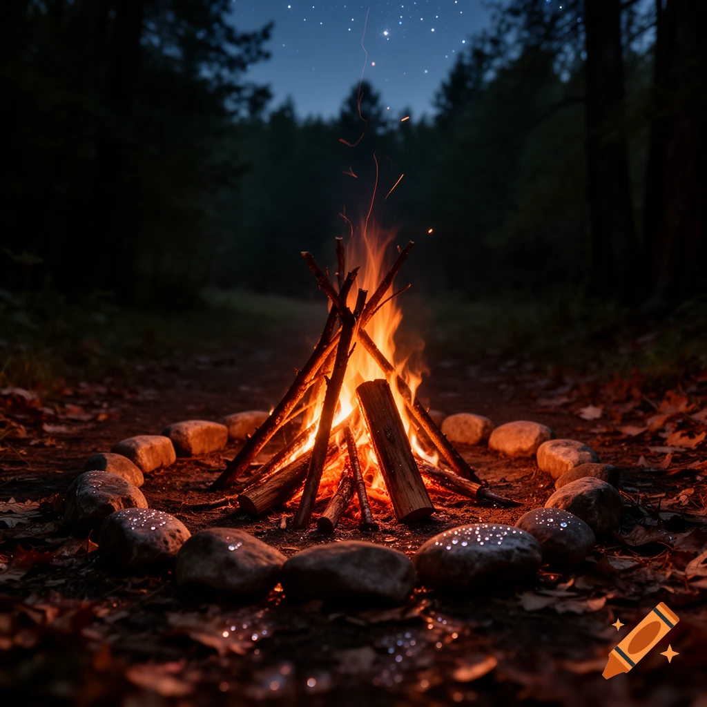 A warm campfire burns brightly in a ring of stones on a forest floor at night under a starry sky.