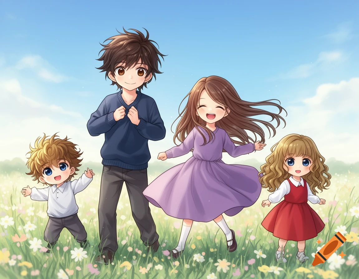 Four anime children, two boys and two girls, happily playing in a sunlit field filled with colorful wildflowers.