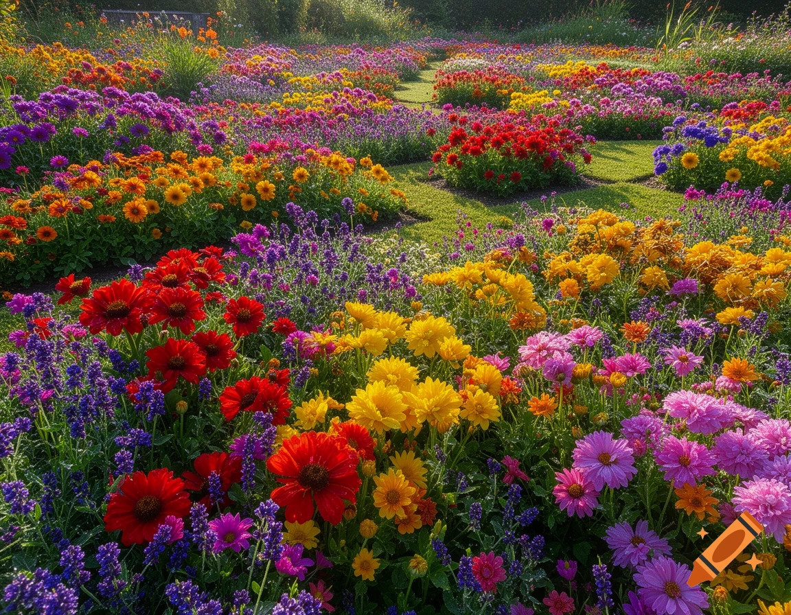 A vibrant, sunlit field bursting with various colorful flowers, including red, yellow, purple, and pink blooms, amidst green grass.