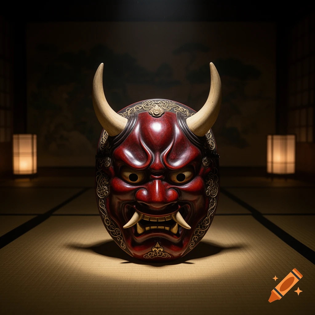 A detailed, dark red Japanese Oni mask with prominent horns and fangs rests on a tatami mat in a dimly lit room.
