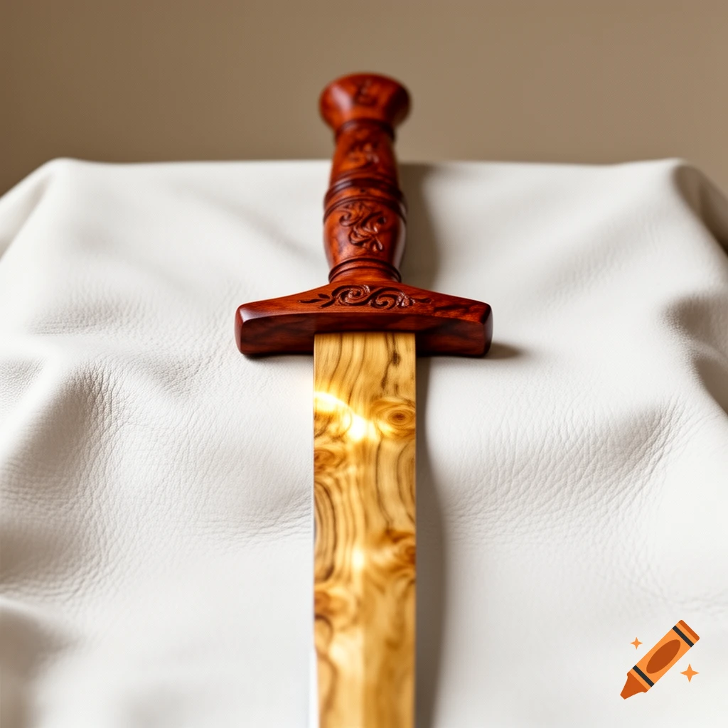 A detailed close-up of a wooden sword with a glowing, patterned blade and a carved cherry wood hilt on white cloth.