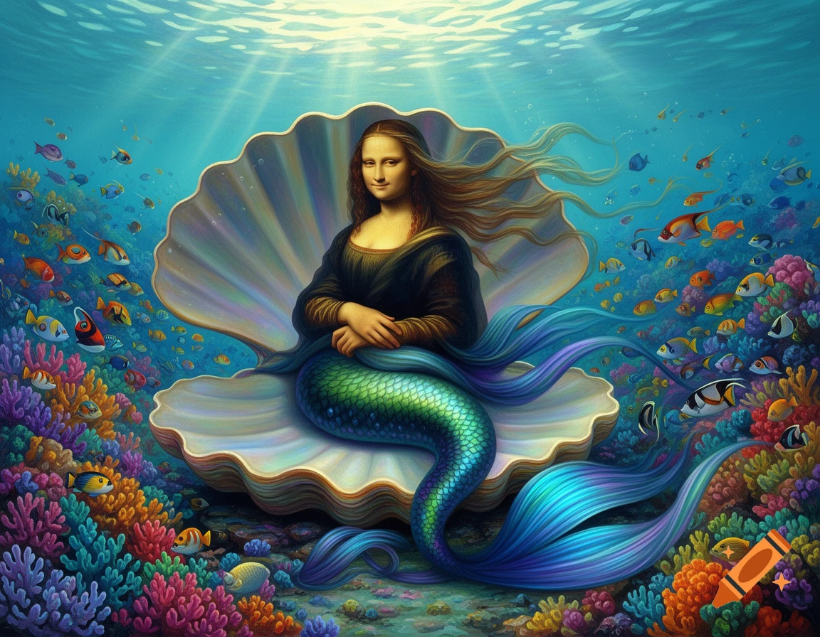 Mona Lisa as a mermaid sits in an open seashell amidst a vibrant underwater coral reef with colorful fish.