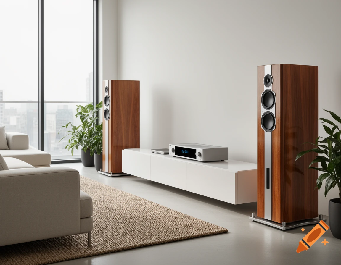 A modern living room features two tall wooden Hi-Fi speakers, a white media console with a silver receiver, a beige rug, and a white sofa by a large window.