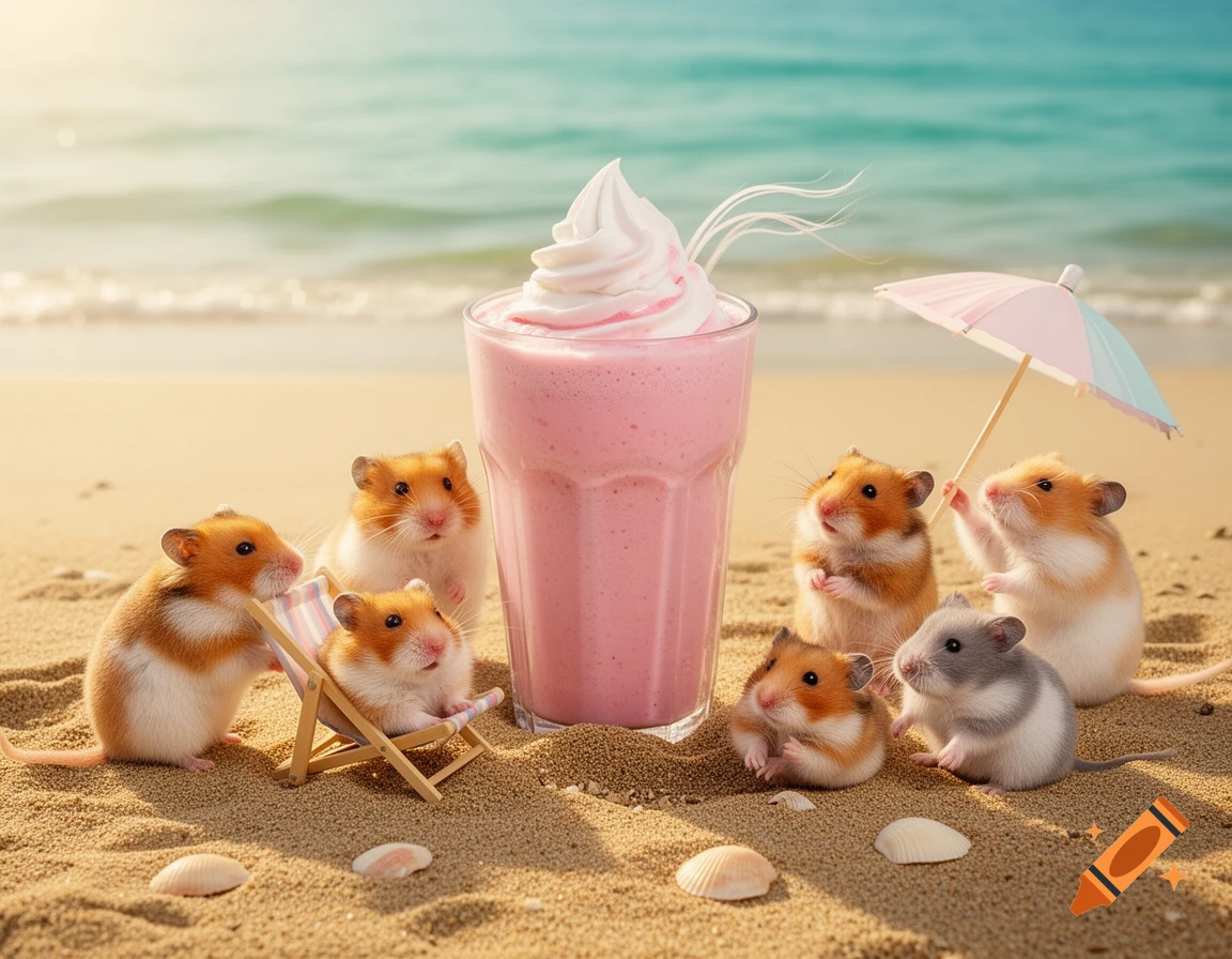 Seven cute hamsters relaxing on a sandy beach next to a large pink milkshake with whipped cream and a small umbrella.
