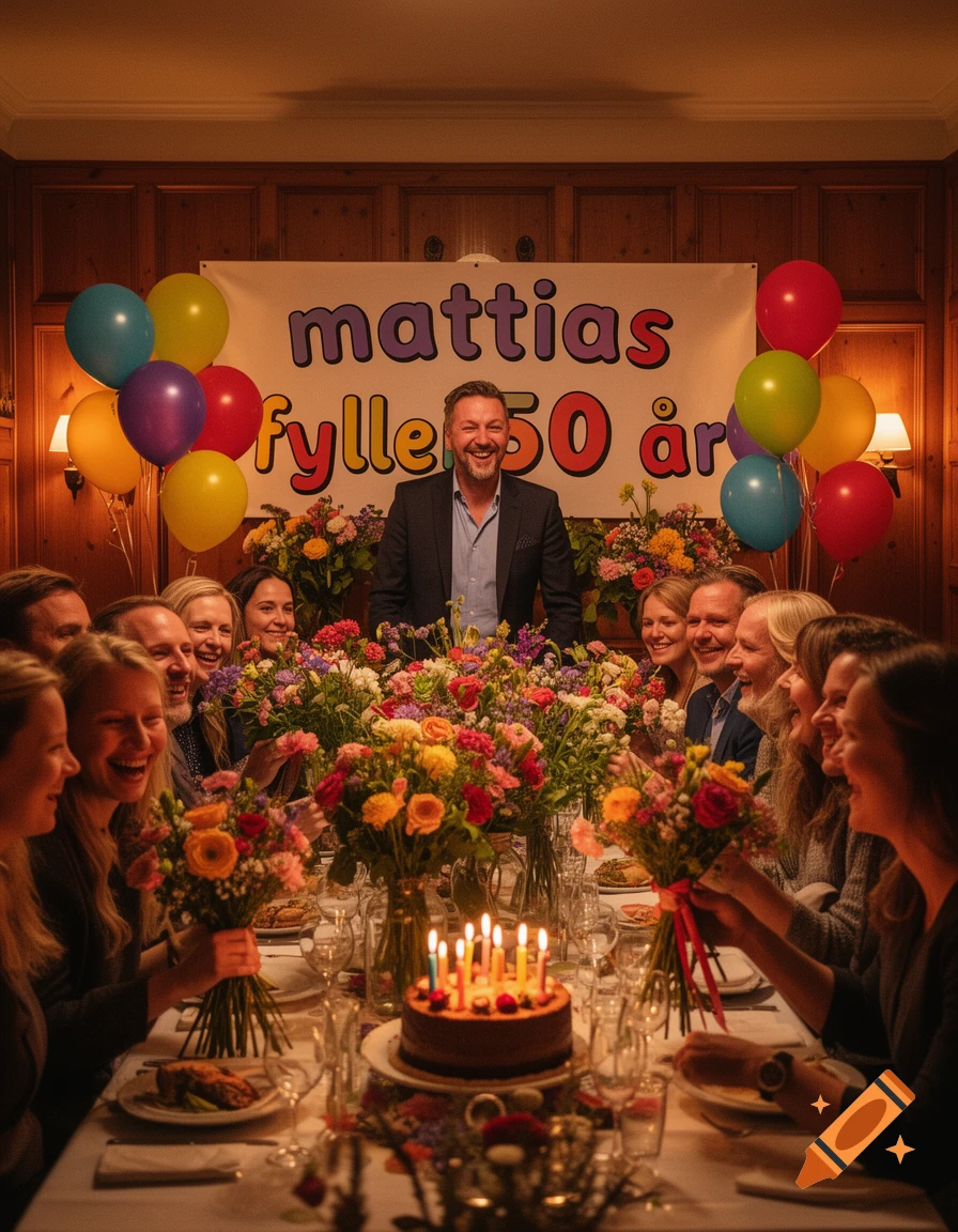 A photorealistic image of people gathered around a long table adorned with many flower bouquets and a birthday cake with lit candles. A man stands smiling behind the table, with a banner that reads "mattias fyller 50 år" and colorful balloons behind him.
