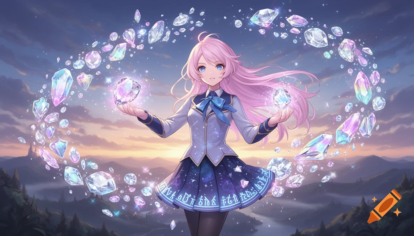 Anime girl with pink hair in a magic school uniform floats amidst glowing crystals and diamonds at sunset.