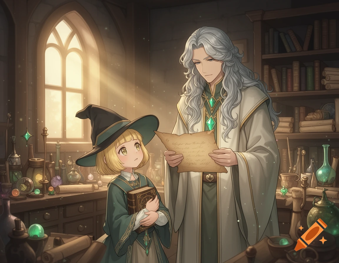 An older wizard in white robes and a young witch in green robes look at a scroll in a sunlit magical study, anime style.
