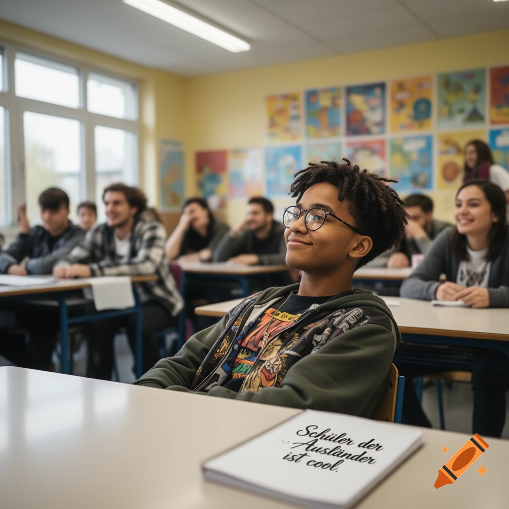 A smiling student with dreadlocks and glasses looks up in a bright classroom with other students. A notebook with German text lies on the desk.