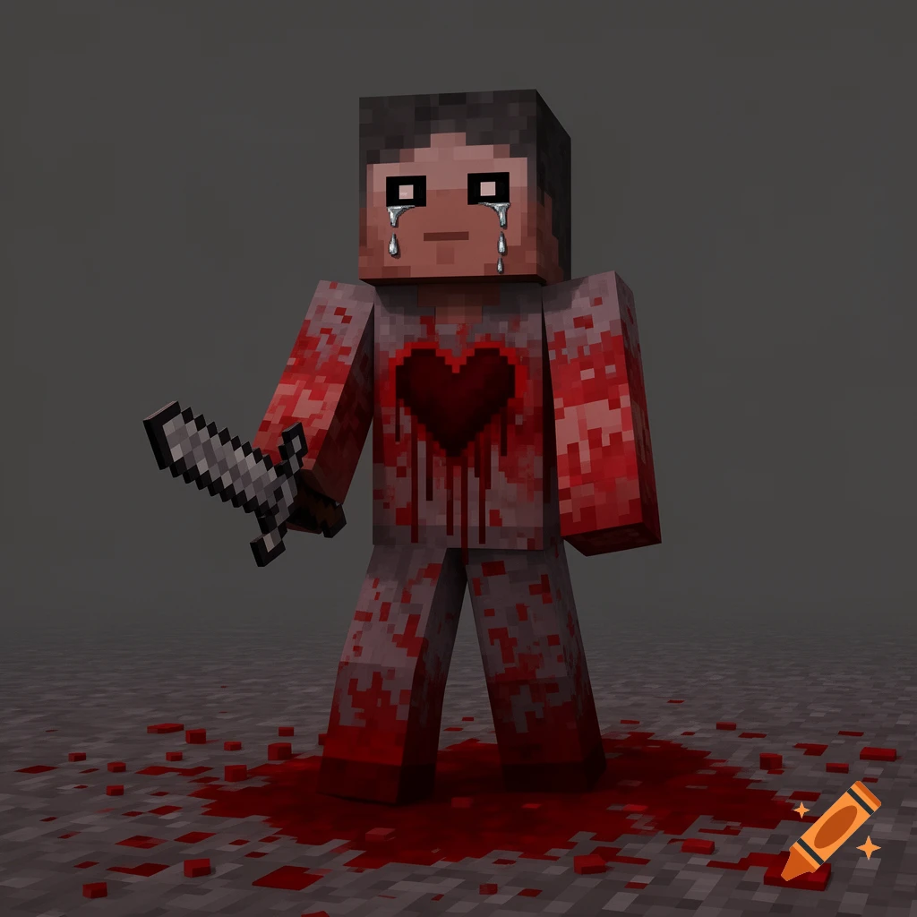 A crying Minecraft character covered in blood, holding a sword, with a bloody heart on its chest, standing on bloody ground.