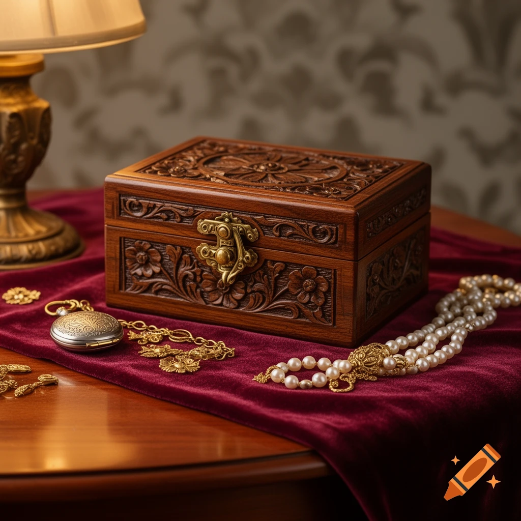 A richly carved wooden jewelry box, a pocket watch, and a pearl necklace resting on a red velvet cloth next to a lamp.