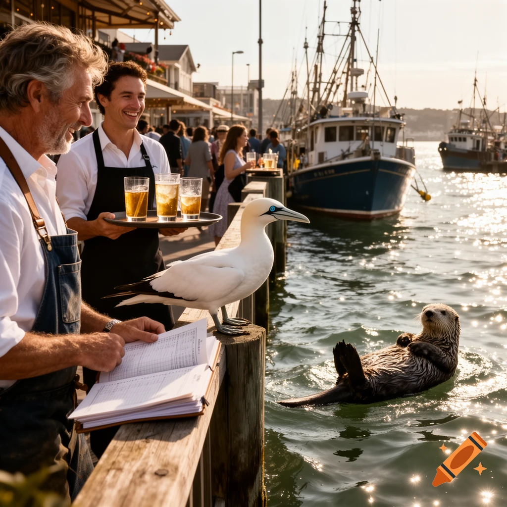 Two waiters at a sunny waterfront restaurant dock with a gannet bird, an otter swimming, and fishing boats.