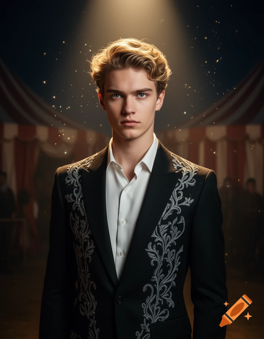 Photorealistic portrait of a young man with wavy blond hair and blue eyes, wearing an embroidered black suit, in a spotlight in a mysterious circus.