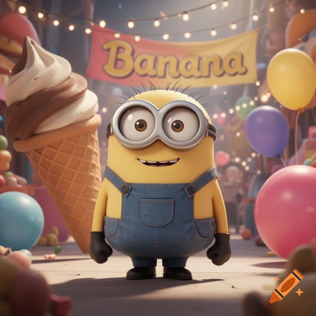 A smiling Minion in overalls stands at a festive fair with a giant ice cream cone, colorful balloons, and a "Banana" banner in a 3D animated style.