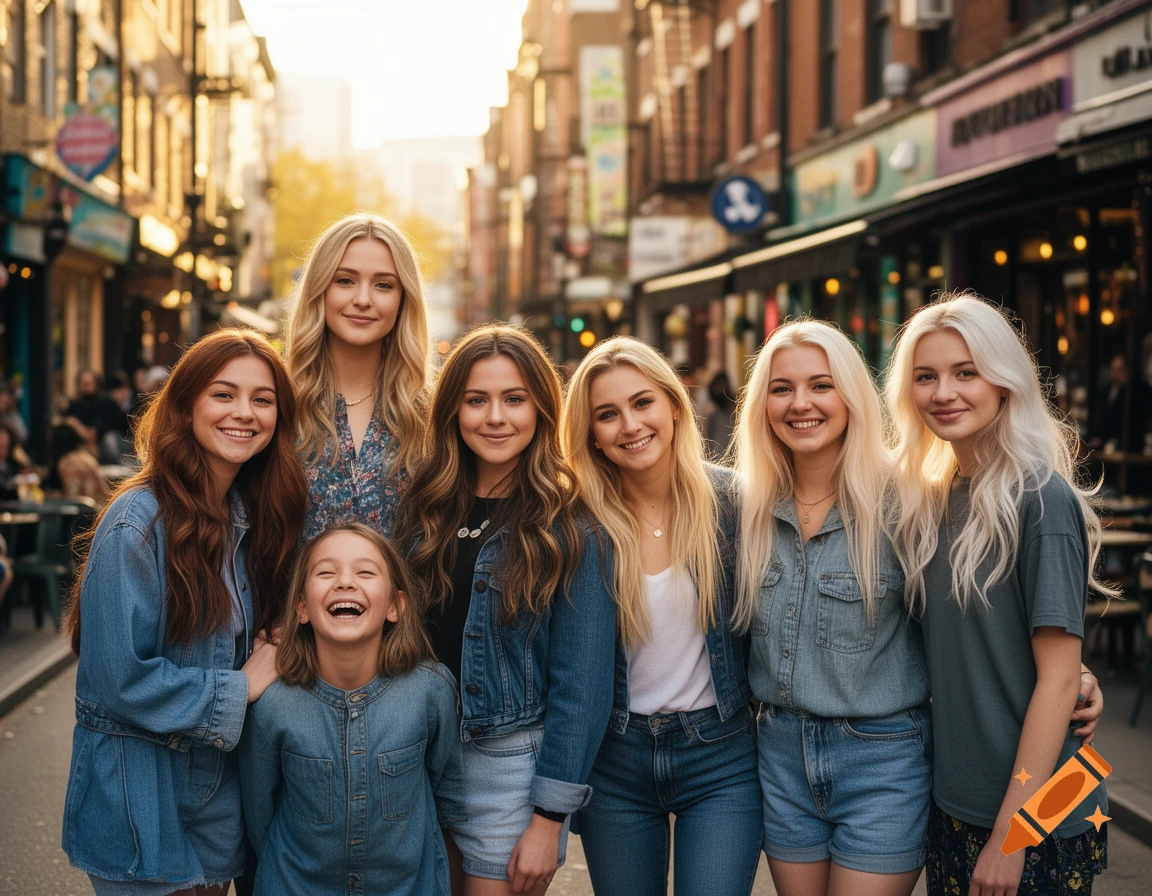 Seven smiling girls of various heights and hair colors pose for a group photo on a bustling city street at sunset.