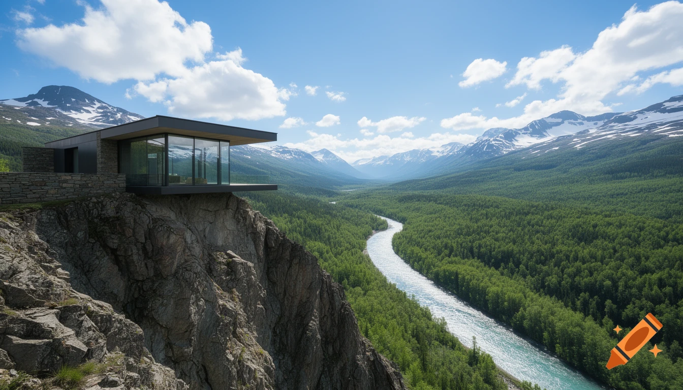 A modern house on a rugged cliff overlooking a vast mountain valley with a winding river and green forests under a blue sky.