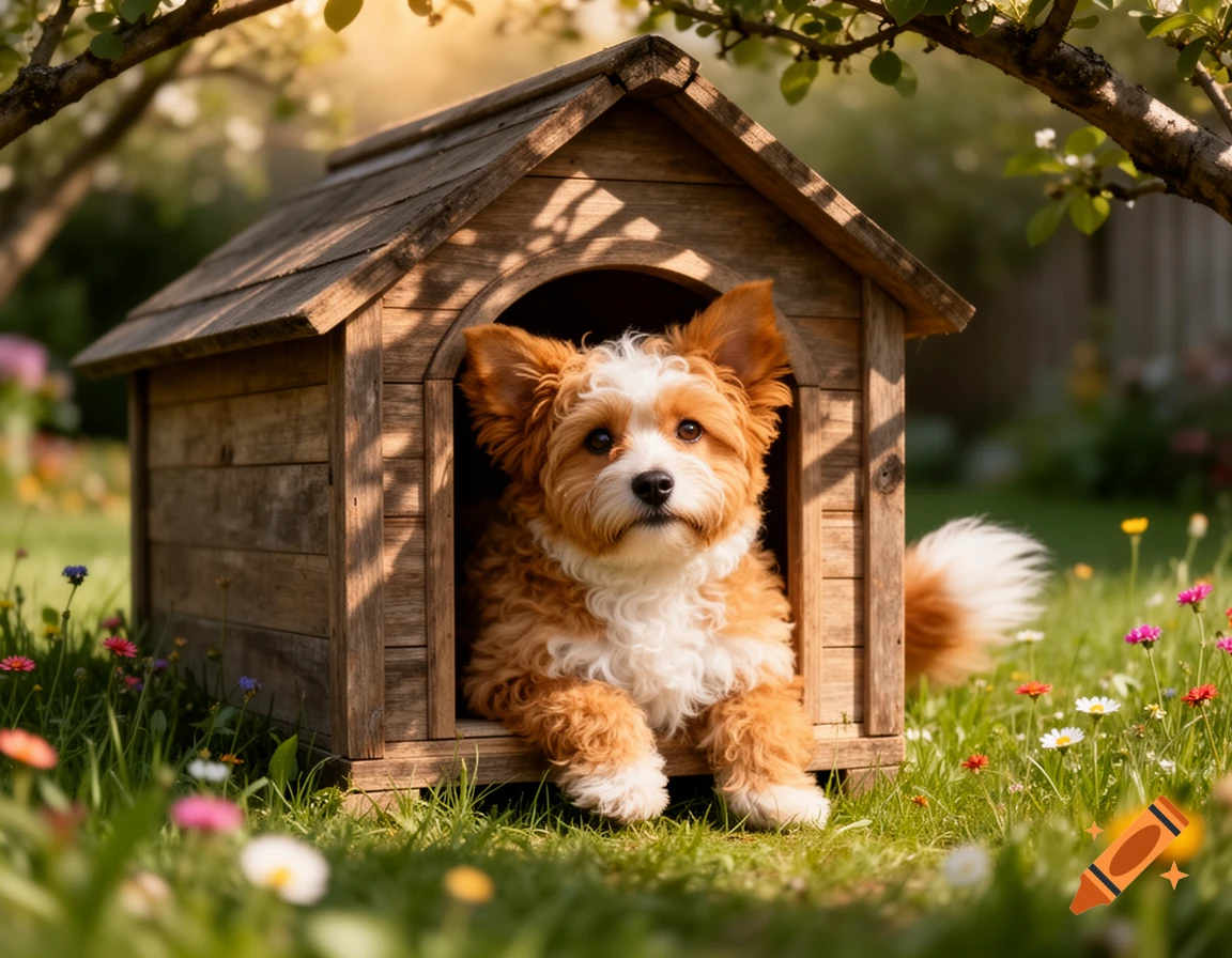A fluffy brown and white puppy peeking out of a wooden doghouse in a vibrant green garden filled with colorful flowers.