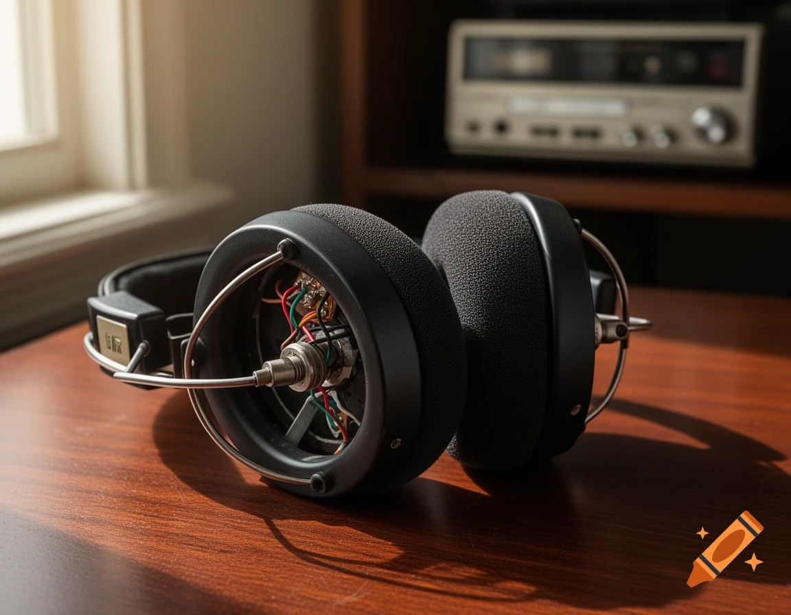 Black headphones on a wooden desk, one disassembled showing colorful wires, with an audio receiver blurred in the background. Photorealistic style.
