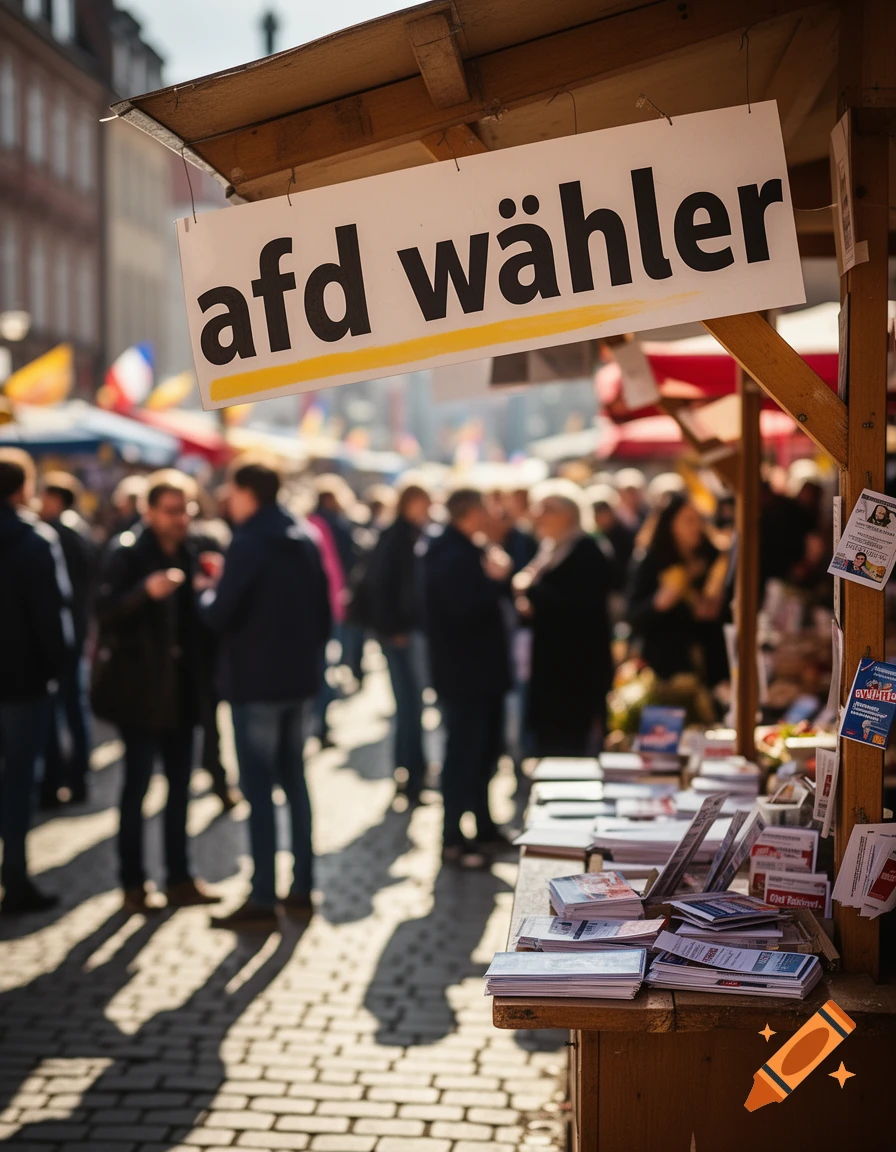 Photorealistic image of a street stall with an 'afd wähler' sign, a table of pamphlets, and a blurred crowd in a sunny outdoor setting.