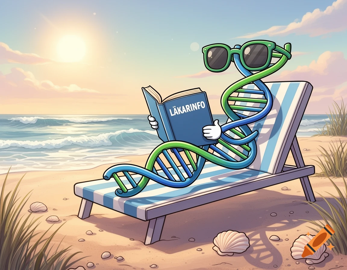 Vibrant cartoon of a DNA strand character wearing sunglasses, reading a 'LÄKARINFO' book on a beach lounge chair.